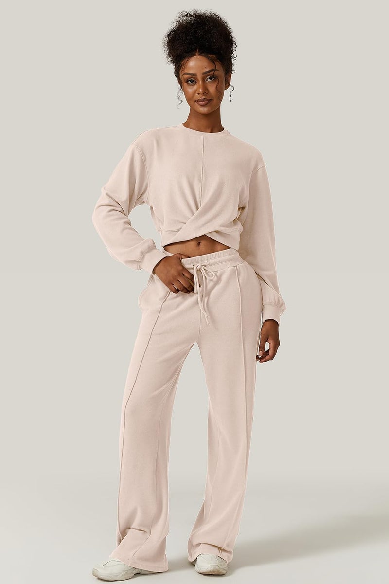 QINSEN Women 2 Piece Tracksuit Twist Front Cropped Tops Full Length Wide Leg Sweatpants Outfits Sweatsuit Beige M - Image 5