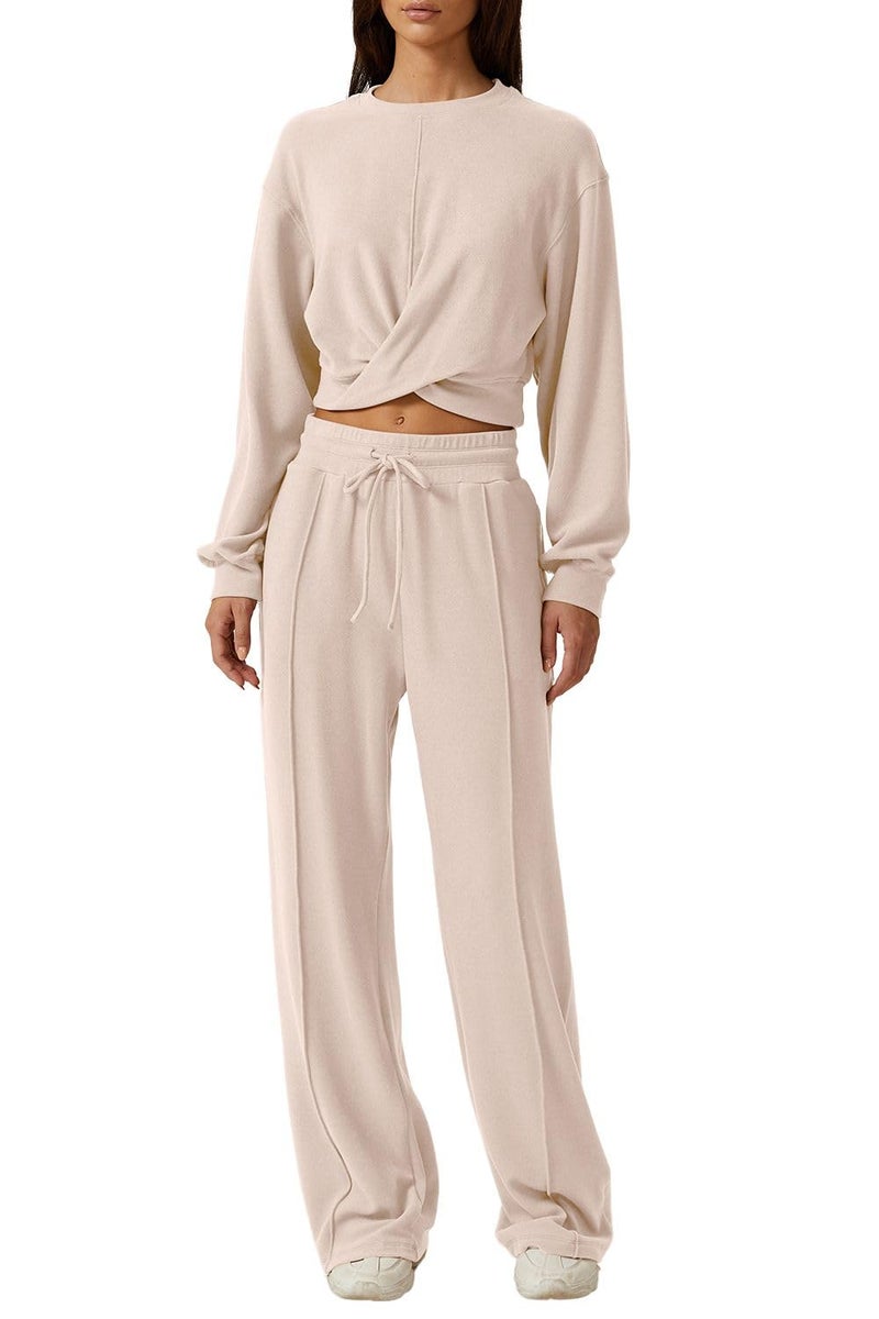 QINSEN Women 2 Piece Tracksuit Twist Front Cropped Tops Full Length Wide Leg Sweatpants Outfits Sweatsuit Beige M - Image 1