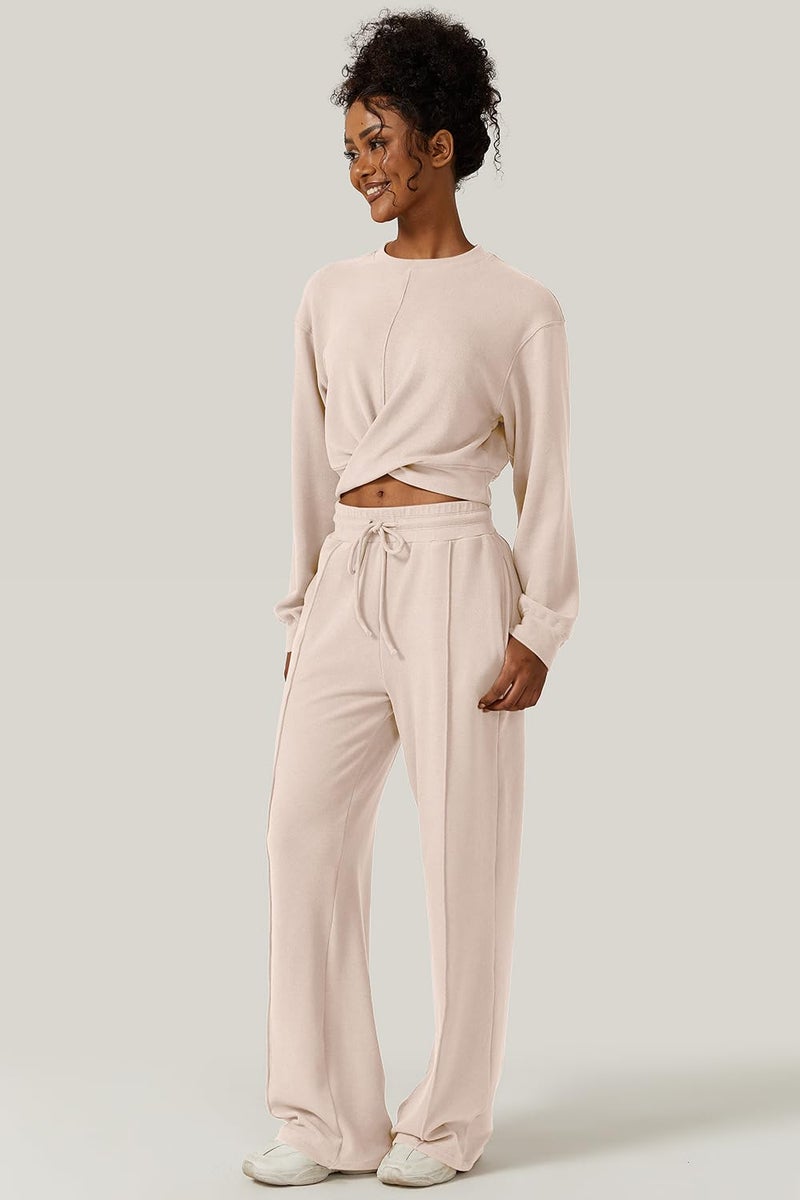 QINSEN Women 2 Piece Tracksuit Twist Front Cropped Tops Full Length Wide Leg Sweatpants Outfits Sweatsuit Beige M - Image 4