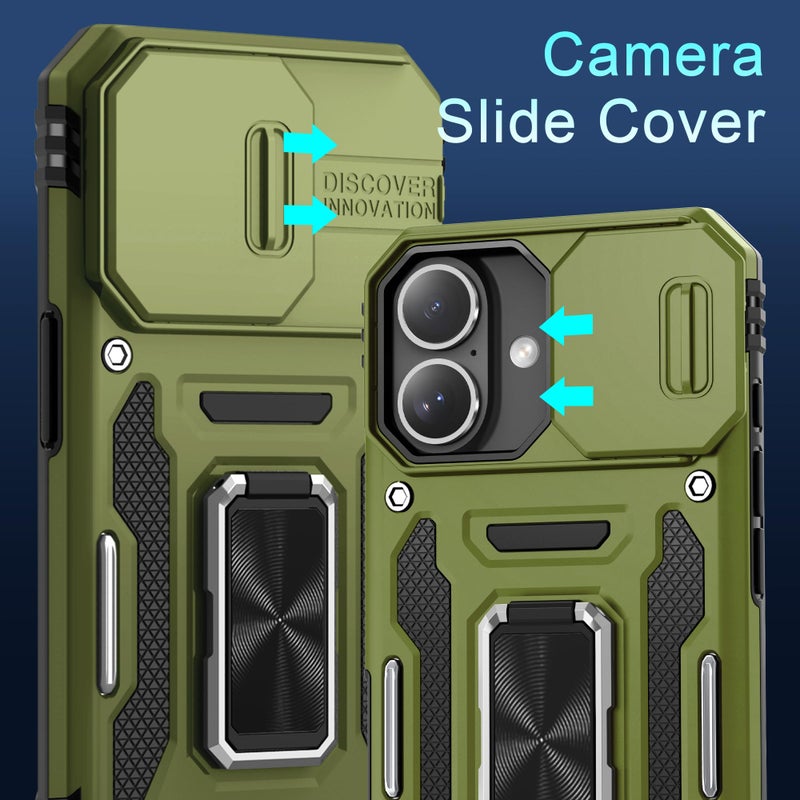 DEERLAMN Case for iPhone 17 6.3-Inch with Slide Camera Cover + Screen Protector (2 Packs), Rotated Ring Kickstand Military Grade Shockproof Protective Cover-Olive Green - Image 2
