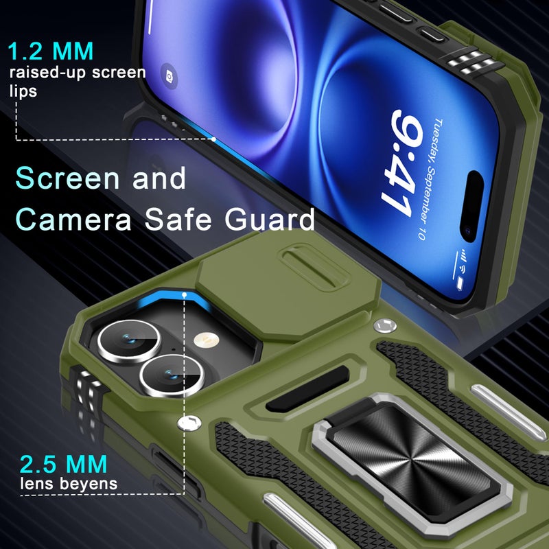 DEERLAMN Case for iPhone 17 6.3-Inch with Slide Camera Cover + Screen Protector (2 Packs), Rotated Ring Kickstand Military Grade Shockproof Protective Cover-Olive Green - Image 5