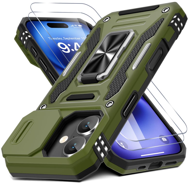 DEERLAMN Case for iPhone 17 6.3-Inch with Slide Camera Cover + Screen Protector (2 Packs), Rotated Ring Kickstand Military Grade Shockproof Protective Cover-Olive Green - Image 1