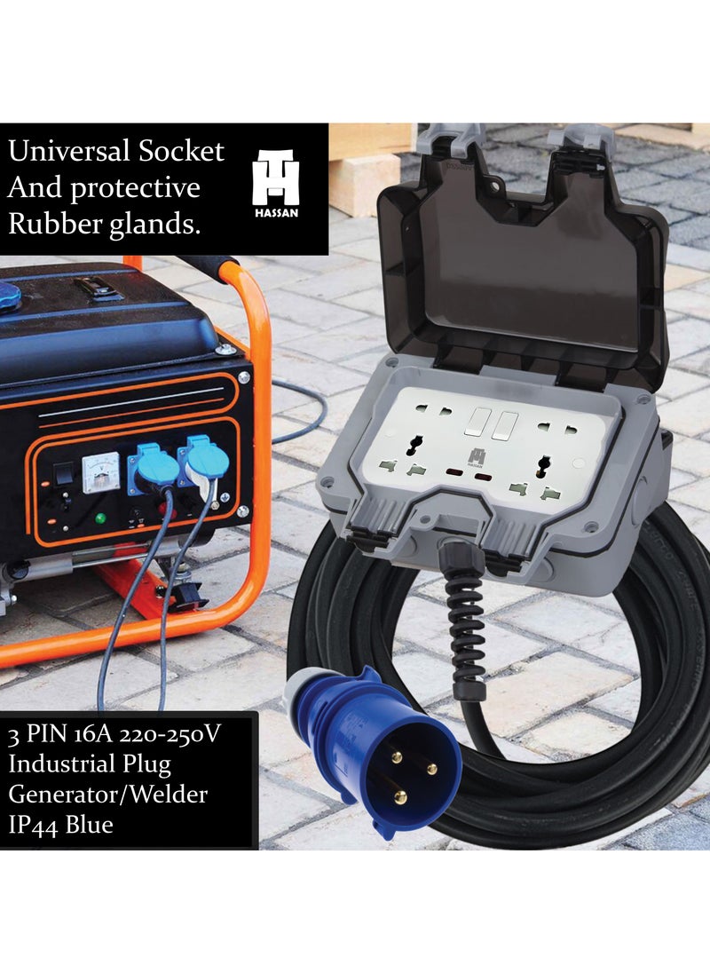 Hassan Hassan's Heavy-Duty Waterproof Extension for Generator, Motorhome, Caravan, and Camping - Reliable Electric Connection with 3 Pin 3 Pole Industrial Plug, IP44 Blue  - Image 3