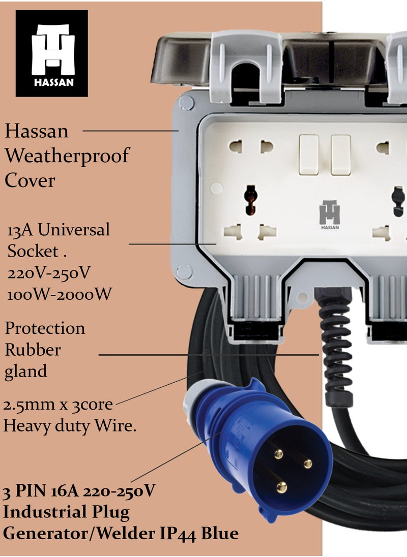 Hassan Hassan's Heavy-Duty Waterproof Extension for Generator, Motorhome, Caravan, and Camping - Reliable Electric Connection with 3 Pin 3 Pole Industrial Plug, IP44 Blue  - Image 4