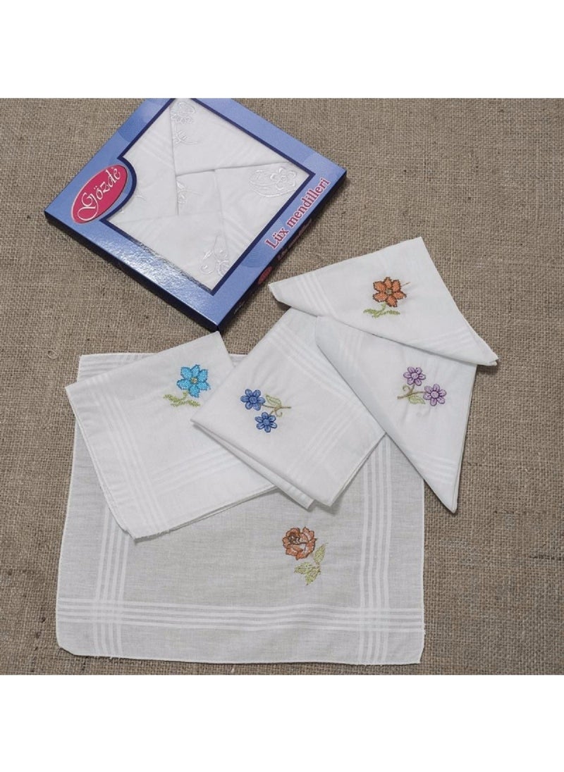 Elmira Gözde Embroidered Women's Handkerchief 12 Pieces 28X28 cm 100% Cotton 