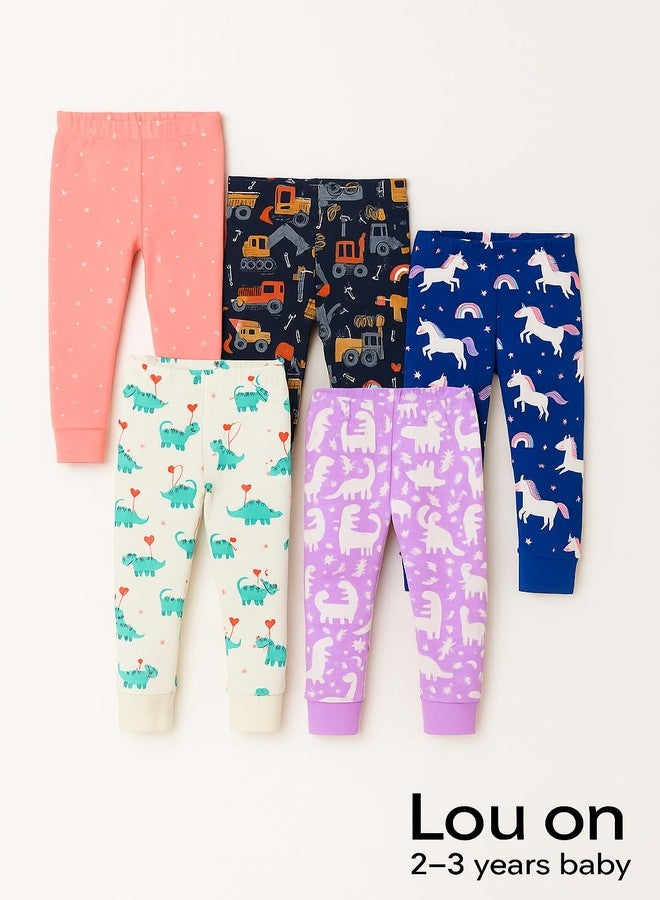 TuddyBuddy Baby Girl's 100% Organic Cotton Ribbed Sleepwear Comfort Fit Pyjamas Pant Bottomwear (2 Years-3 Years, Pack of 5, Assorted) - Image 3