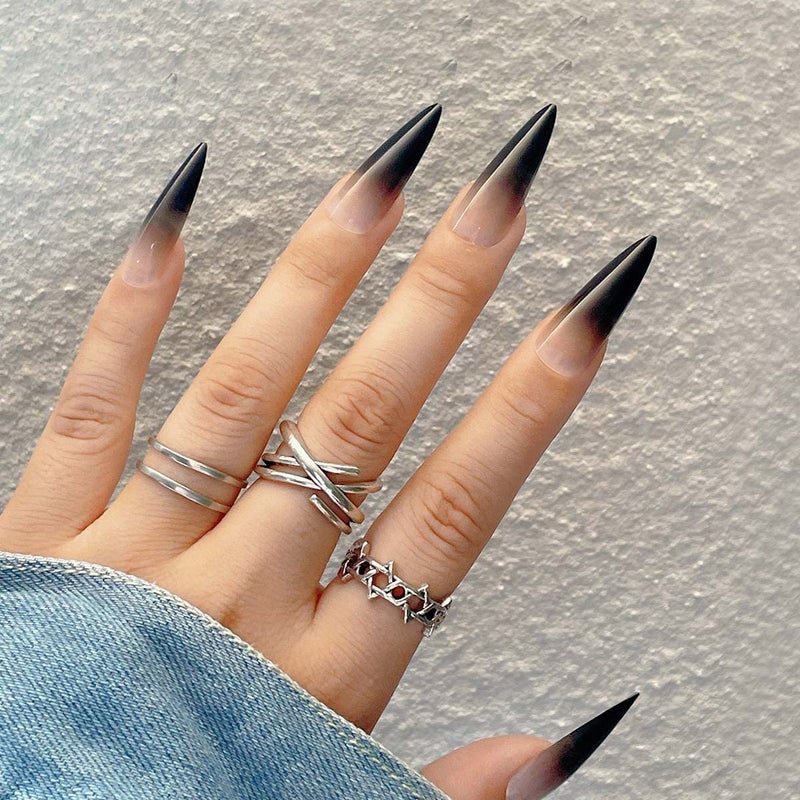 ANDGING Press on Nails Short Medium Stiletto Fake Nails for Women with Nude Pink Black Ombre Tips Design Full Cover Acrylic Nails Press on Reusable Glue on Nails Stick on Nails for Christmas 24Pcs