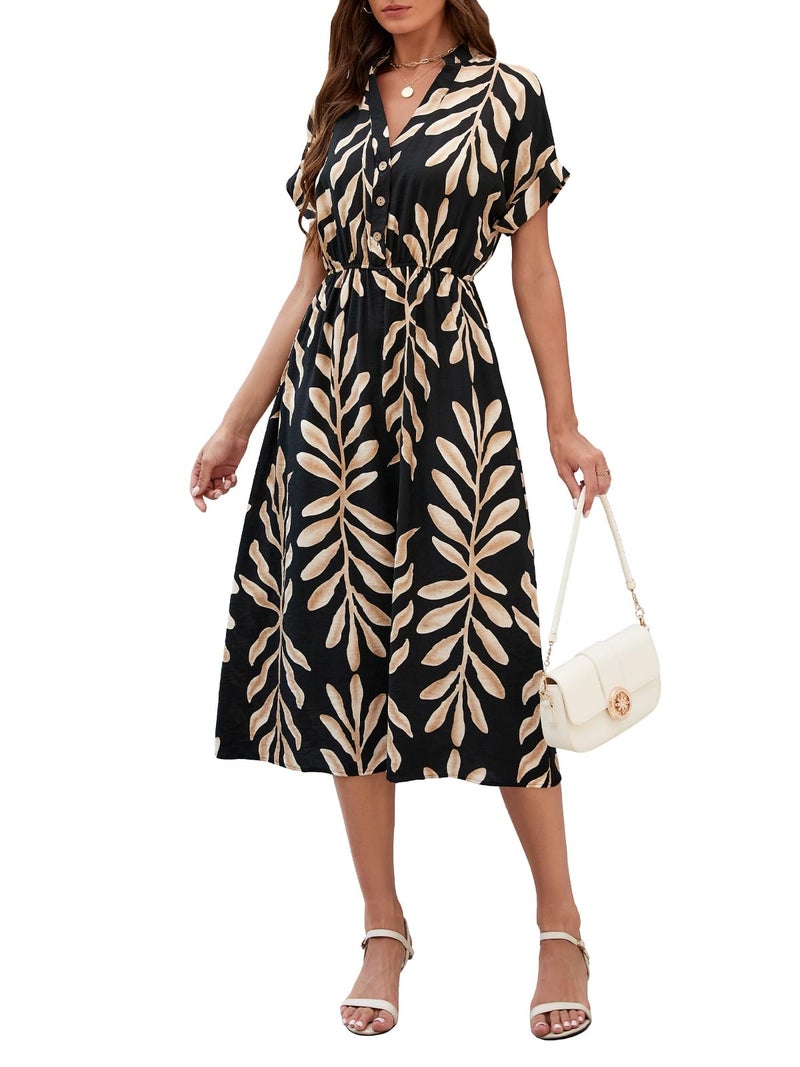 SEAFORM Women's Casual Long Dress V-Neck Retro Floral Print Dresses Elegant Long Fitted Dress for Women with Flowy Hemlines - Image 1