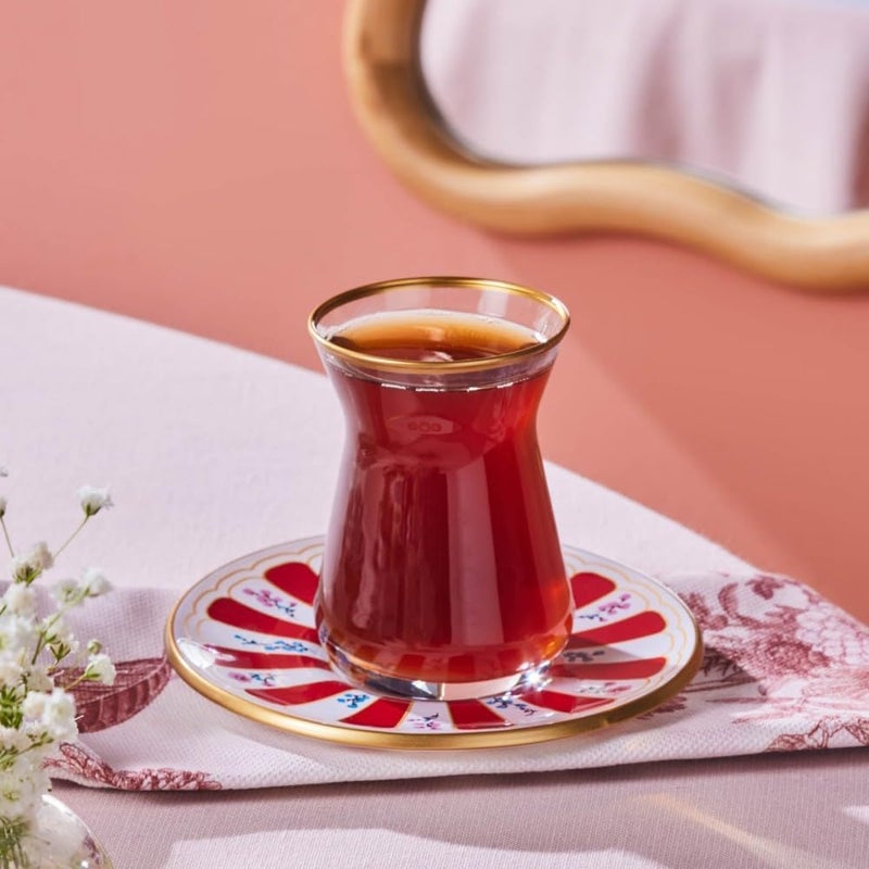 Karaca Bursa Turkish Tea Glasses Set, 12-Piece Tea Glass, Tea Set for 6 People (Cay Bardagi Set), Tea Glasses with Traditional Design in Red, Red Plate with Fine Details - Image 4