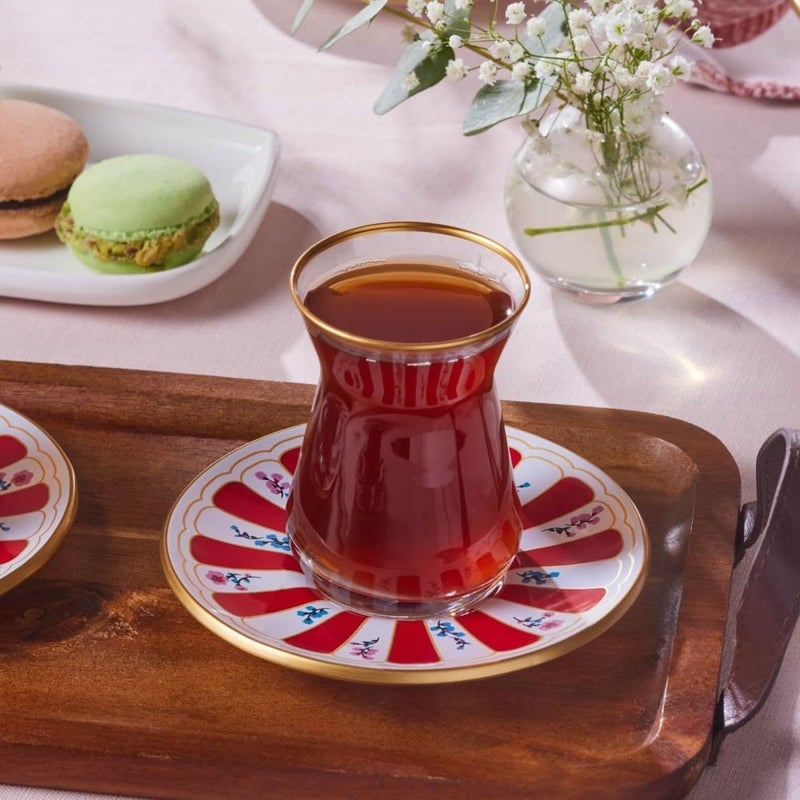 Karaca Bursa Turkish Tea Glasses Set, 12-Piece Tea Glass, Tea Set for 6 People (Cay Bardagi Set), Tea Glasses with Traditional Design in Red, Red Plate with Fine Details - Image 5