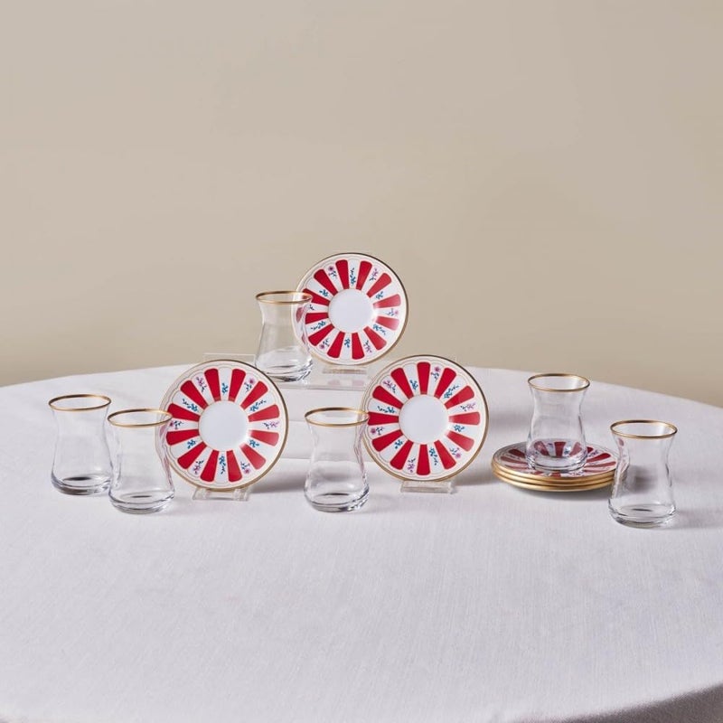 Karaca Bursa Turkish Tea Glasses Set, 12-Piece Tea Glass, Tea Set for 6 People (Cay Bardagi Set), Tea Glasses with Traditional Design in Red, Red Plate with Fine Details - Image 1