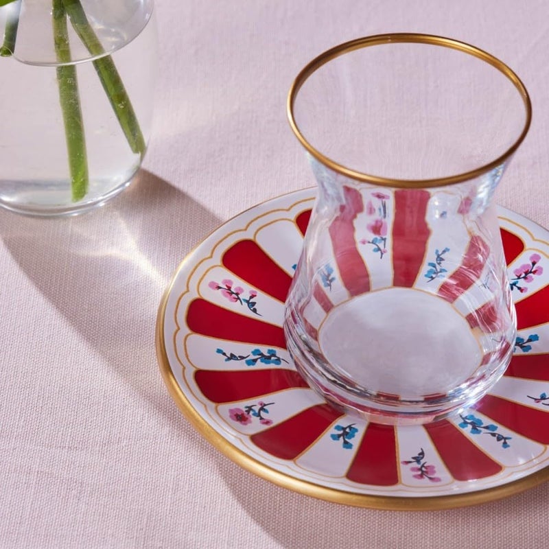 Karaca Bursa Turkish Tea Glasses Set, 12-Piece Tea Glass, Tea Set for 6 People (Cay Bardagi Set), Tea Glasses with Traditional Design in Red, Red Plate with Fine Details - Image 3