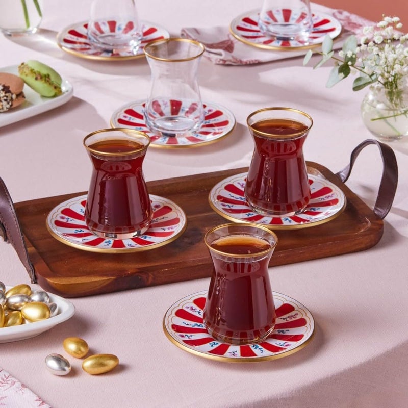 Karaca Bursa Turkish Tea Glasses Set, 12-Piece Tea Glass, Tea Set for 6 People (Cay Bardagi Set), Tea Glasses with Traditional Design in Red, Red Plate with Fine Details - Image 2