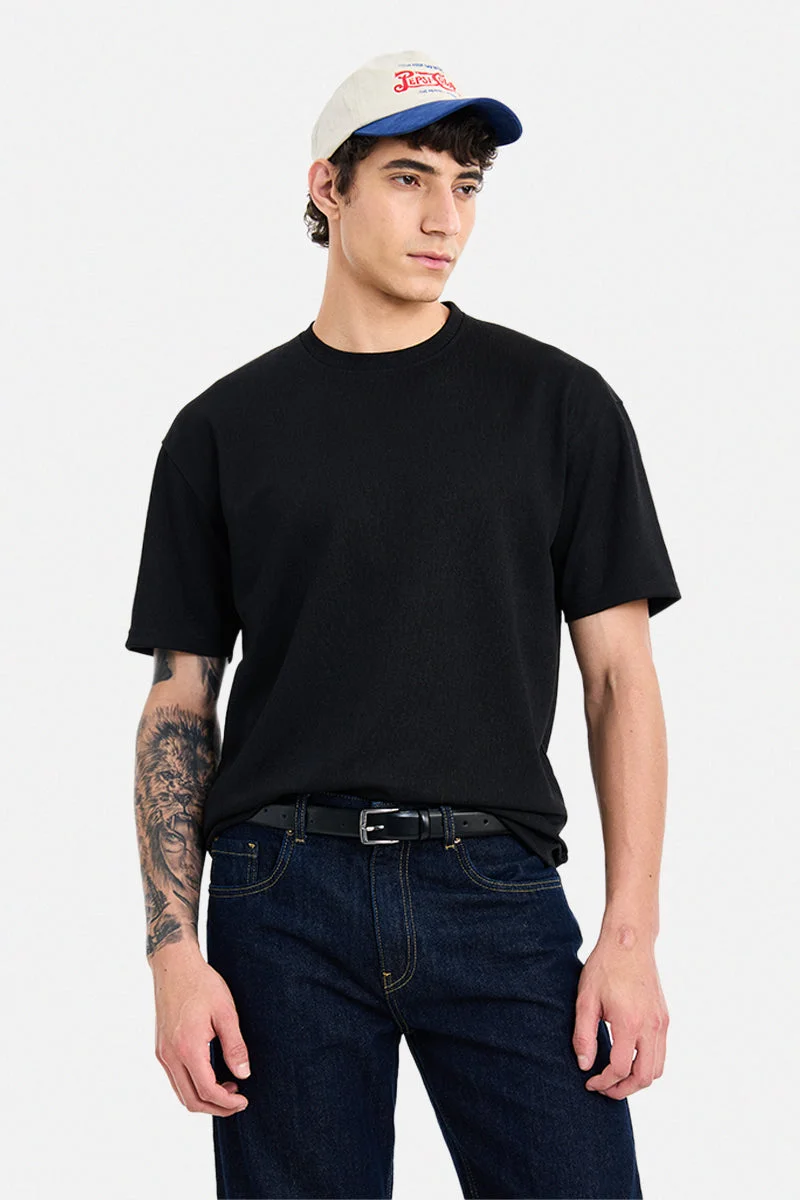 SNITCH Black Textured Half Sleeve Oversized T-Shirt