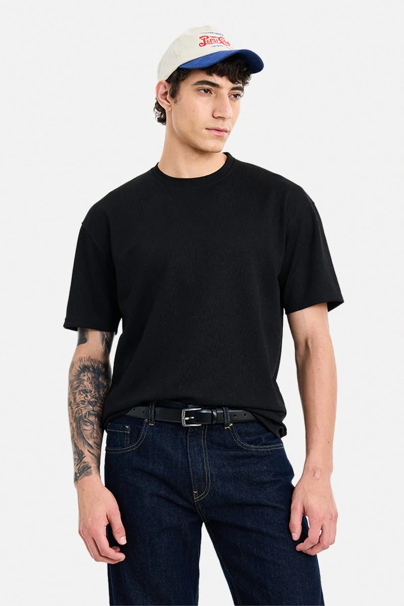 SNITCH Black Black Textured Half Sleeve Oversized T-Shirt for Men | Best Price UAE
