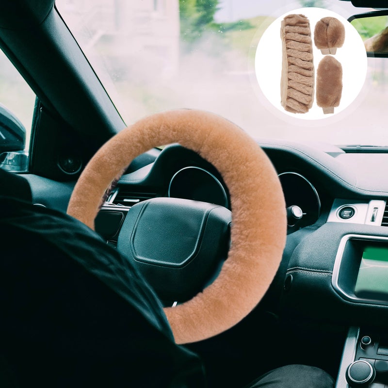 1 Set Car Steering Wheel Warm Gear Shift Fuzzy Handbrake for Winter - Image 1