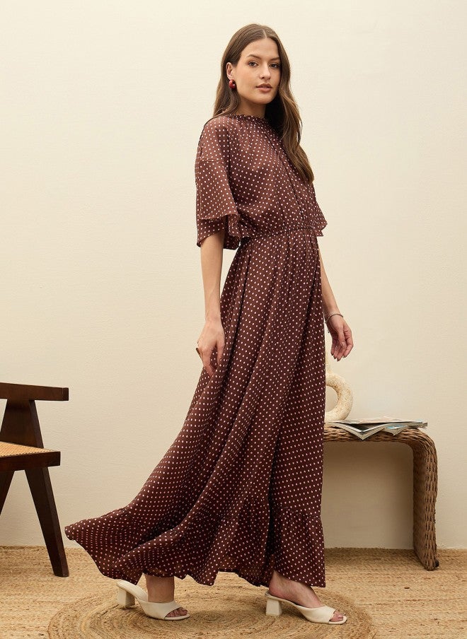 SASSAFRAS Polka Dot Print Flutter Sleeve Maxi Dress for Women - Image 3