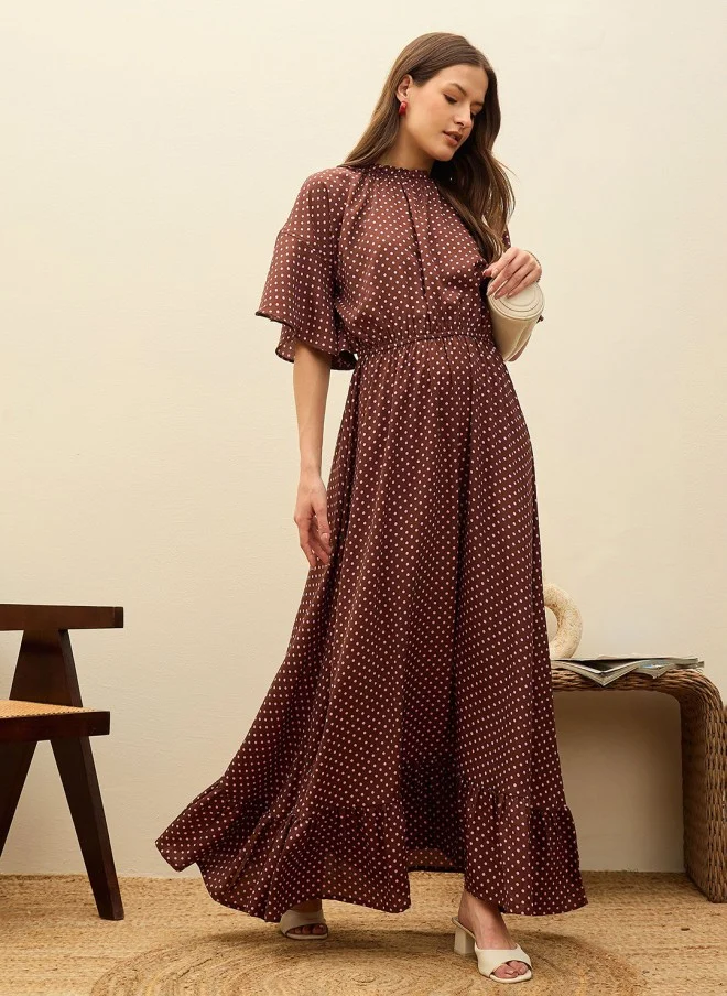 SASSAFRAS Polka Dot Print Flutter Sleeve Maxi Dress for Women