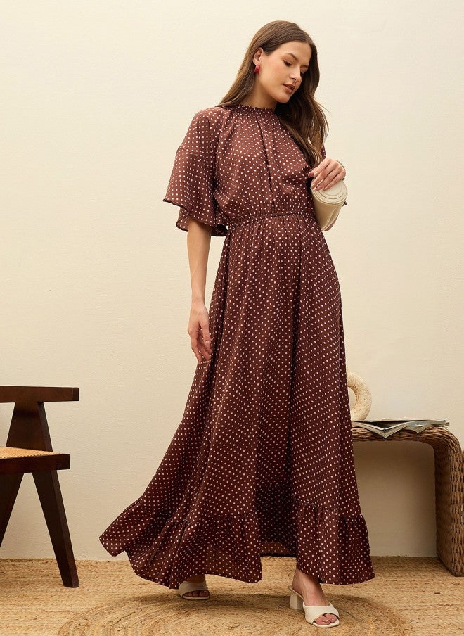 SASSAFRAS Polka Dot Print Flutter Sleeve Maxi Dress for Women - Image 1