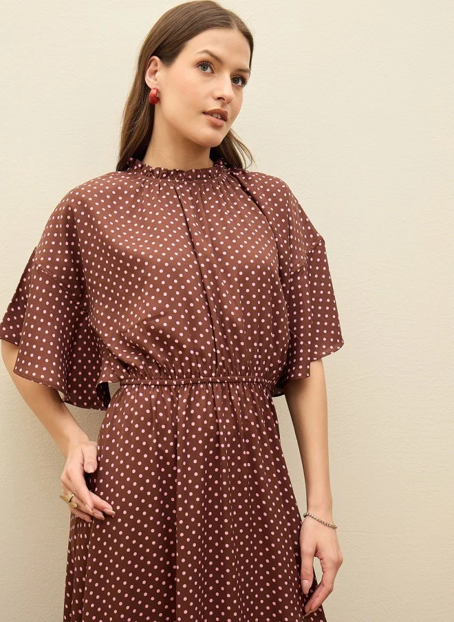 SASSAFRAS Polka Dot Print Flutter Sleeve Maxi Dress for Women