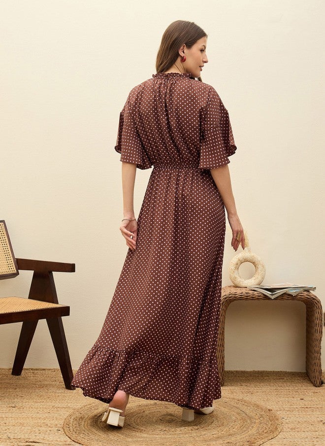 SASSAFRAS Polka Dot Print Flutter Sleeve Maxi Dress for Women - Image 4
