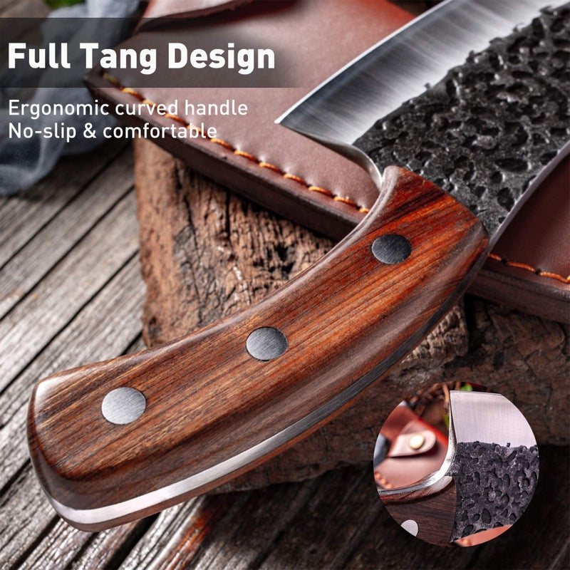 Freelander Freelander Hand Forged Knives, Meat Cleaver Knife for Meat Cutting, High Carbon Viking Knife with Sheath, Full Tang Chef Kitchen Butcher Knife for Home,Outdoor, Camping, BBQ  - Image 2