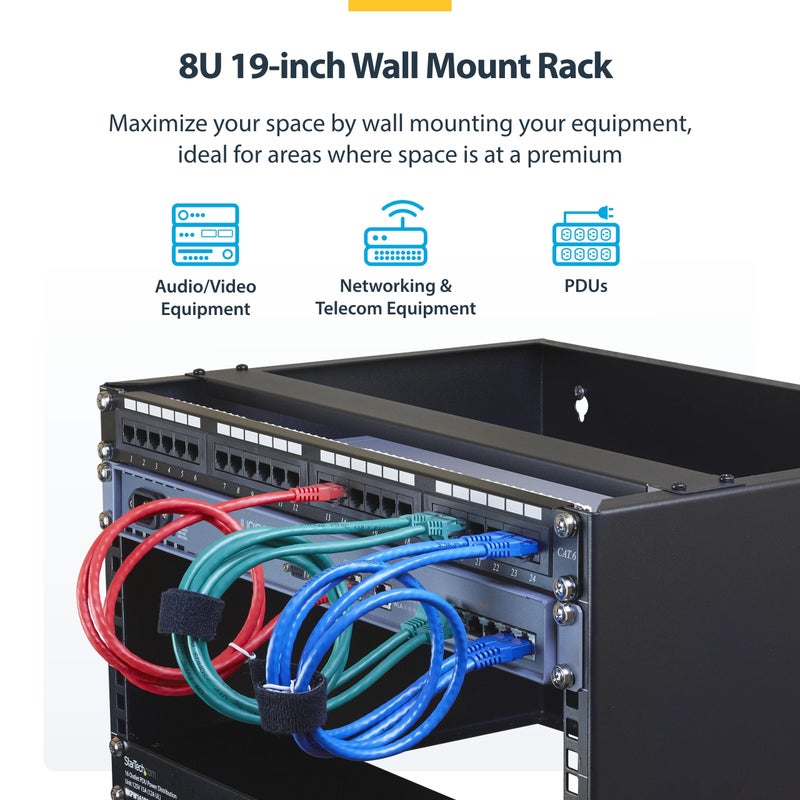 StarTech.com 8U Wall Mount Patch Panel Bracket - 13.75 inch Deep - 19" Patch Panel Rack for Shallow Network Equipment- 80lbs Capacity, TAA (WALLMOUNT8) - Image 2