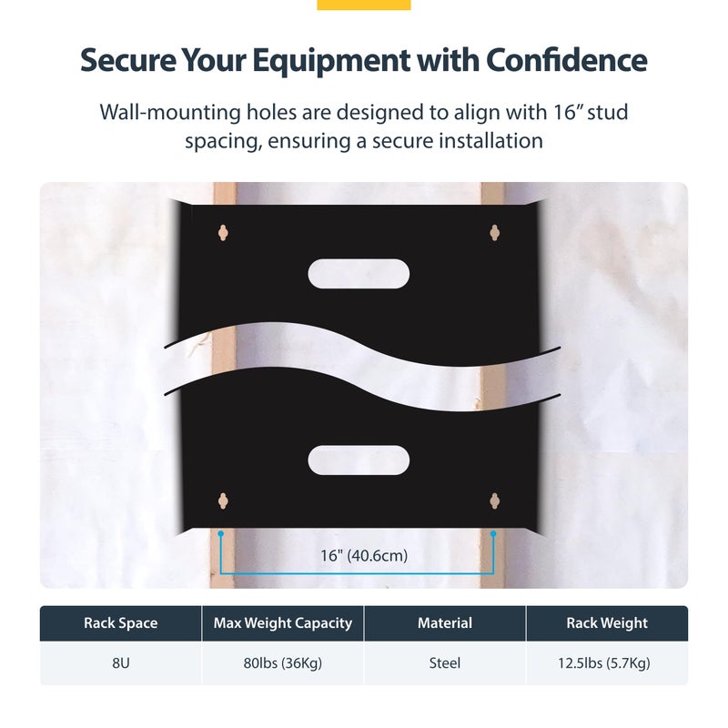 StarTech.com 8U Wall Mount Patch Panel Bracket - 13.75 inch Deep - 19" Patch Panel Rack for Shallow Network Equipment- 80lbs Capacity, TAA (WALLMOUNT8) - Image 4