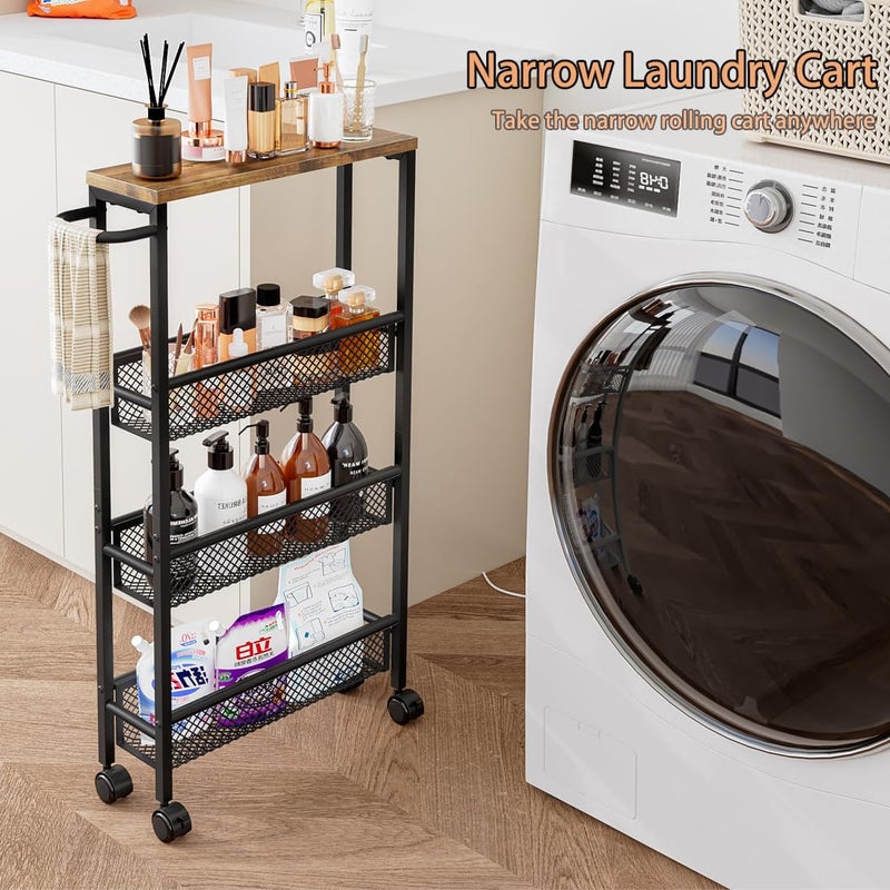 AZERPIAN Slim Rolling Cart 4 Tier Narrow Storage Cart on Wheels with MDF Board Top and Metal Handle for Small Space Kitchen Living Room Home Office Pantry Bathroom Laundry Room(16.54Ã—5.12Ã—30.31 inch) - Image 5
