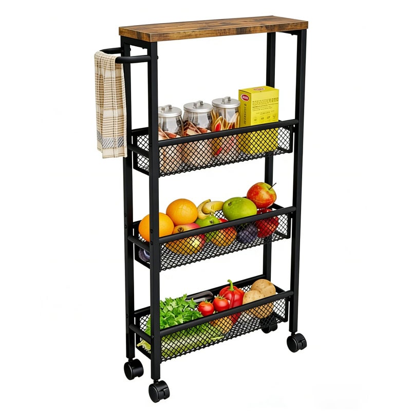 AZERPIAN Slim Rolling Cart 4 Tier Narrow Storage Cart on Wheels with MDF Board Top and Metal Handle for Small Space Kitchen Living Room Home Office Pantry Bathroom Laundry Room(16.54Ã—5.12Ã—30.31 inch) - Image 1
