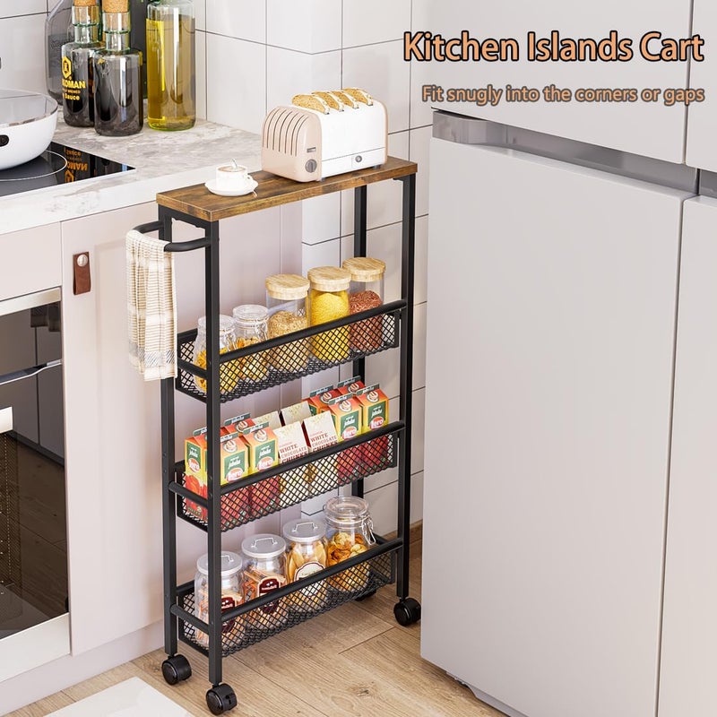 AZERPIAN Slim Rolling Cart 4 Tier Narrow Storage Cart on Wheels with MDF Board Top and Metal Handle for Small Space Kitchen Living Room Home Office Pantry Bathroom Laundry Room(16.54Ã—5.12Ã—30.31 inch) - Image 2