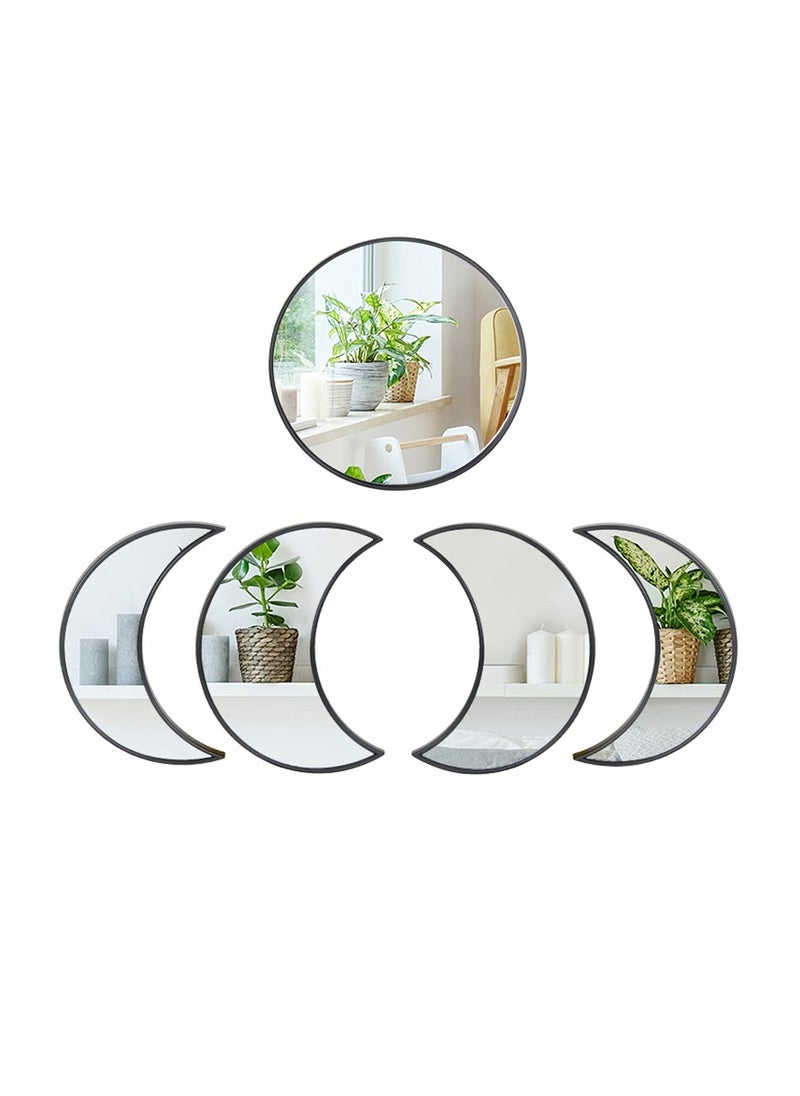 Excefore - Moon Round Shape Mirror Set, 5 Piece Plastic Boho Mirrors Wall Decor, Glass Moon Phase Mirror, Northern Europe Style Decoration for Home Bedroom, Living Room - Image 1