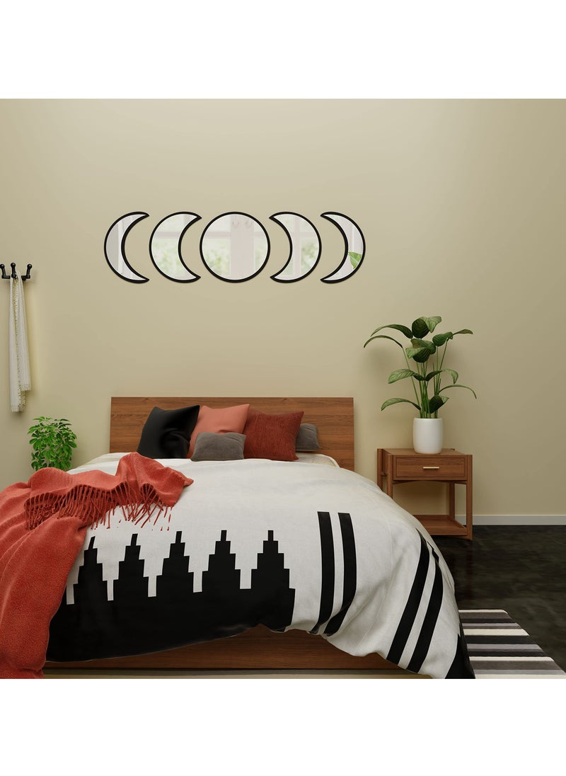 Excefore - Moon Round Shape Mirror Set, 5 Piece Plastic Boho Mirrors Wall Decor, Glass Moon Phase Mirror, Northern Europe Style Decoration for Home Bedroom, Living Room - Image 1