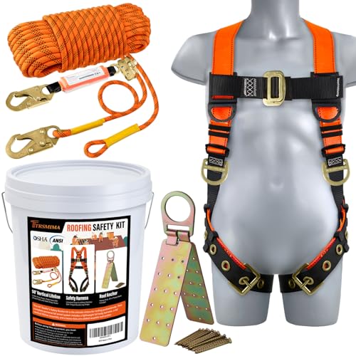 TT TRSMIMA Safety Harness Fall Protection Kit - Roofing Harnesses 50ft Safety Rope Lanyard Kit 5 Gallon Bucket Kit Roof Top Anchor Construction Work 20pcs Nails Included - Image 1