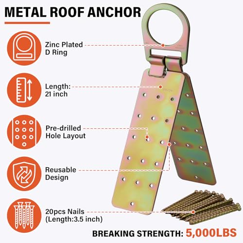 TT TRSMIMA Safety Harness Fall Protection Kit - Roofing Harnesses 50ft Safety Rope Lanyard Kit 5 Gallon Bucket Kit Roof Top Anchor Construction Work 20pcs Nails Included - Image 5