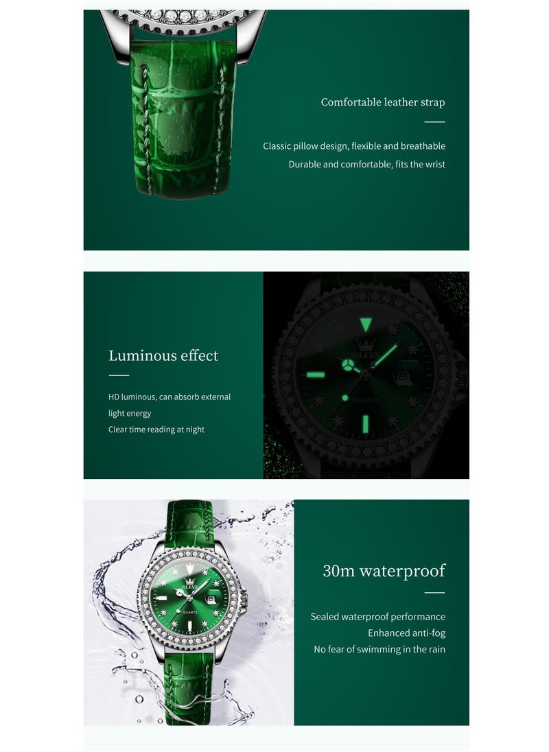 OLEVS ساعات للنساء كوارتز جلد مقاومة للماء ساعة تناظرية 34 مم أخضر 9945 - Image 5