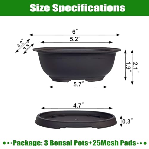 MUZHI 3 Pack Oval Bonsai Training Pot with Drainage Tray, Matte Finish Nursery Plastic Bonsai Planter with 25PCS 2inch Mesh pad (5.2" Small) - Image 2