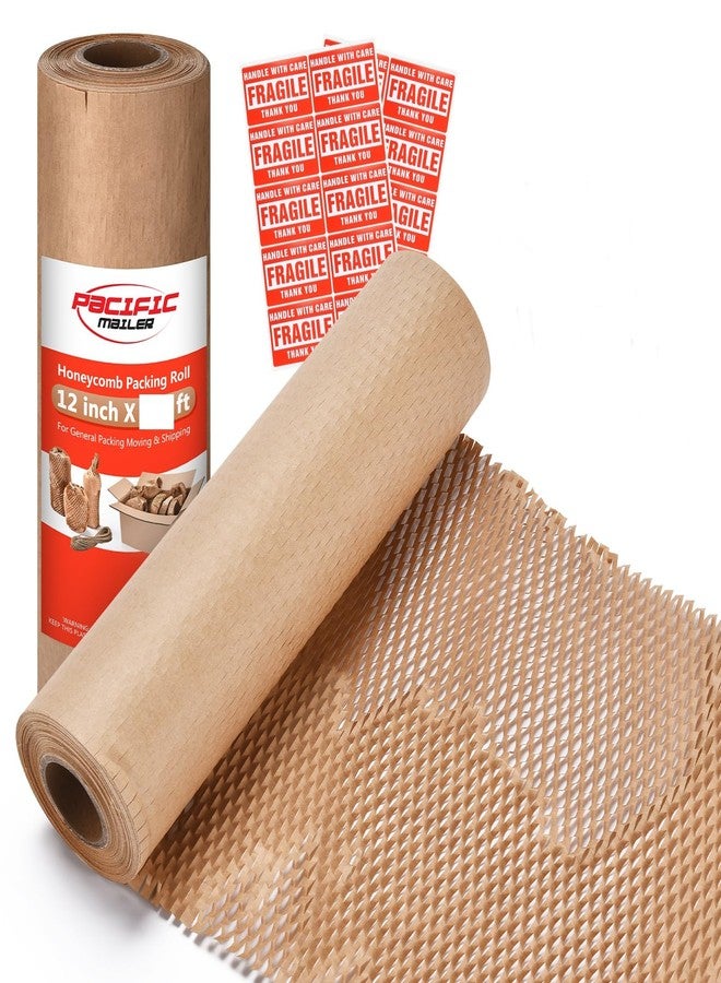 Pacific Mailer Honeycomb Packing Paper Pacific Mailer 12" x 65' Moving Paper Bubble Cushioning Wrap with 20 Fragile Sticker Labels - Image 1
