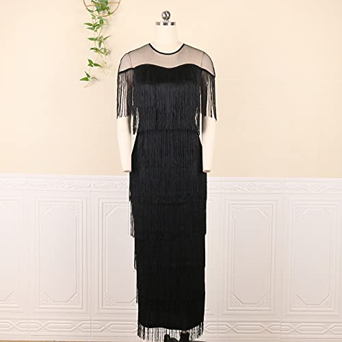 AOMEI Women's Black Mesh See Through Crewneck Patchwork Tassel Tiered Fringe Long Dress (2XL,XX-Large) - Image 4