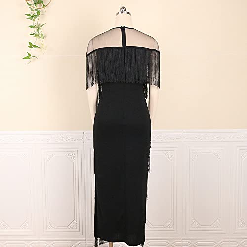 AOMEI Women's Black Mesh See Through Crewneck Patchwork Tassel Tiered Fringe Long Dress (2XL,XX-Large) - Image 5