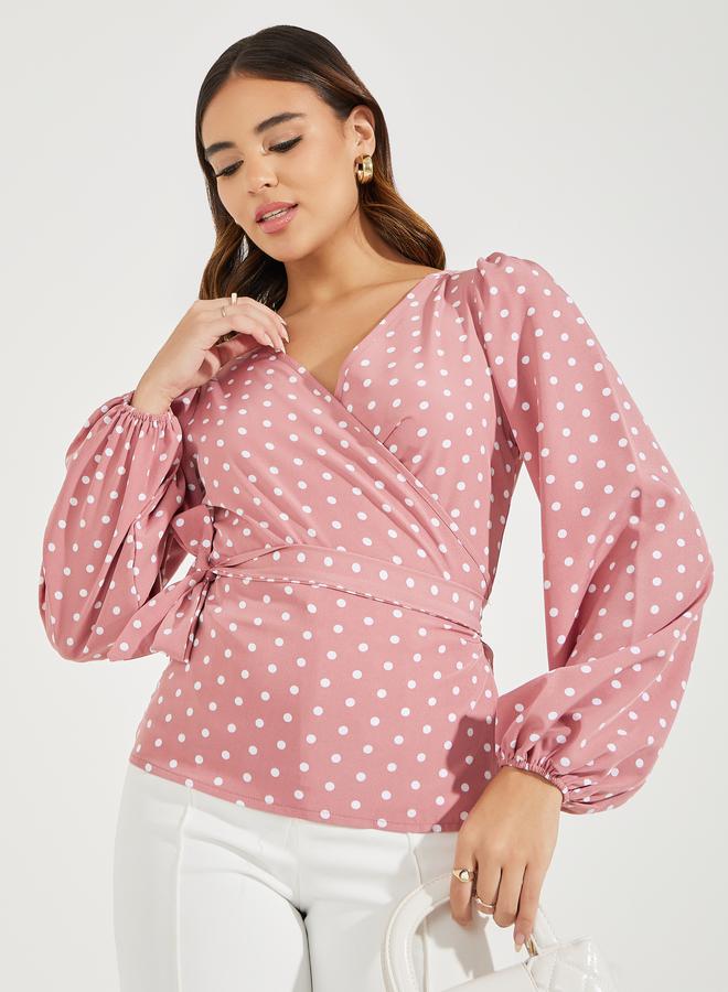 Styli Polka Dot Print Wrap Top with Tie Waist Detail  - Image 1