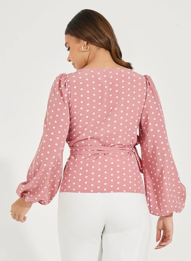 Styli Polka Dot Print Wrap Top with Tie Waist Detail