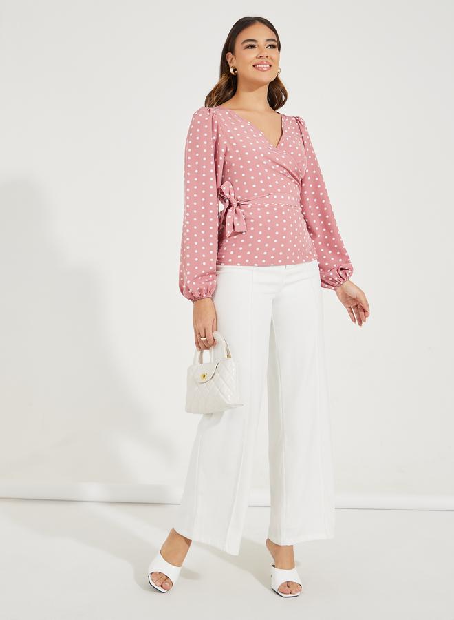 Styli Polka Dot Print Wrap Top with Tie Waist Detail  - Image 2