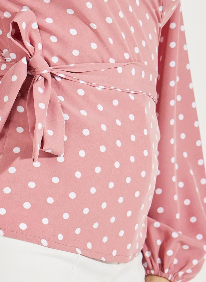 Styli Polka Dot Print Wrap Top with Tie Waist Detail