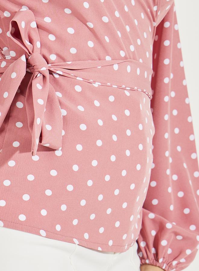 Styli Polka Dot Print Wrap Top with Tie Waist Detail  - Image 3