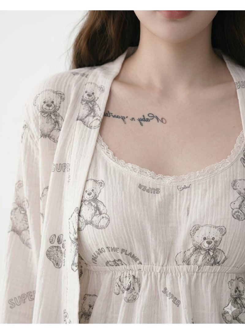 Women's imported Korean 3-piece pajama set, summer loungewear with teddy bear print, sleepwear - Image 3