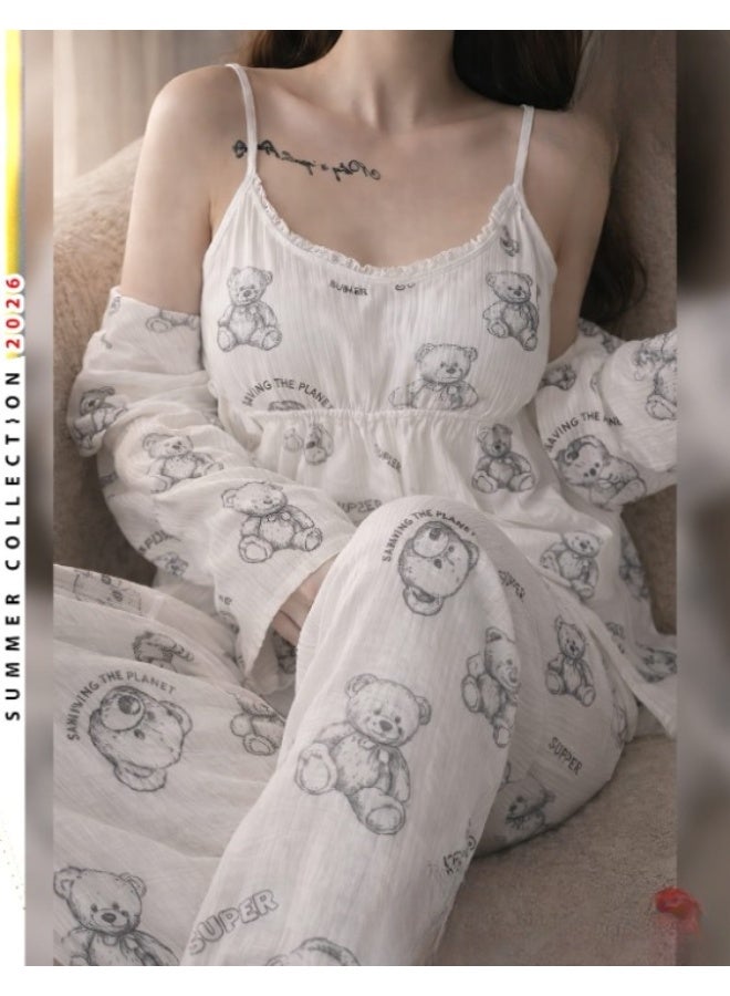 Women's imported Korean 3-piece pajama set, summer loungewear with teddy bear print, sleepwear - Image 4