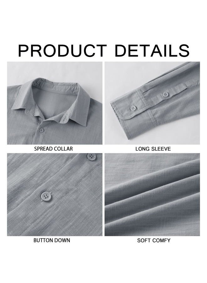 Runcati Mens Button Down Shirt Linen Cotton Shirts Casual Long Sleeve Spread Collar Lightweight Beach Plain Tops, 01 Gray, M - Image 5