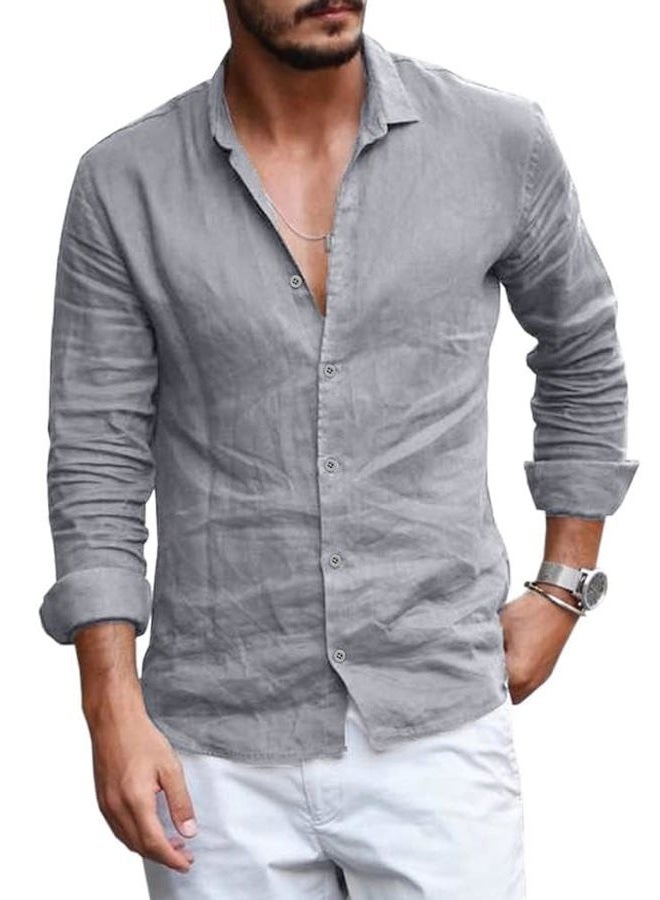 Runcati Mens Button Down Shirt Linen Cotton Shirts Casual Long Sleeve Spread Collar Lightweight Beach Plain Tops, 01 Gray, M - Image 1