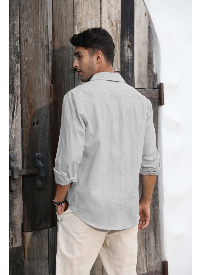 Runcati Mens Button Down Shirt Linen Cotton Shirts Casual Long Sleeve Spread Collar Lightweight Beach Plain Tops, 01 Gray, M - Image 4